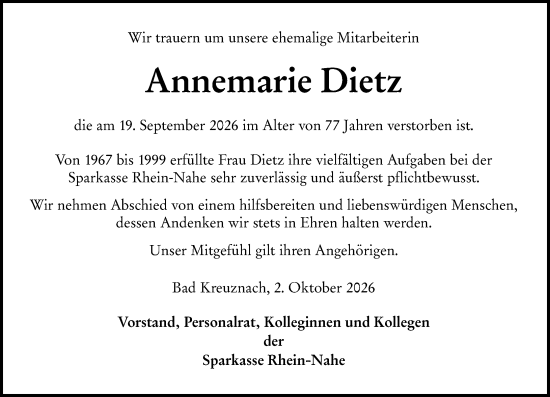 Traueranzeige von Annemarie Dietz von Allgemeine Zeitung Rheinhessen-Nahe