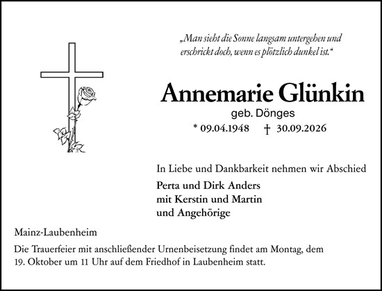 Traueranzeige von Annemarie Glünkin von Allgemeine Zeitung Mainz