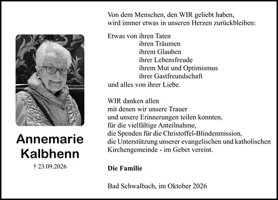 Traueranzeige von Annemarie Kalbhenn von Idsteiner Land/Untertaunus