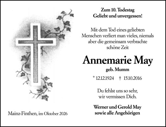 Traueranzeige von Annemarie May von Allgemeine Zeitung Mainz