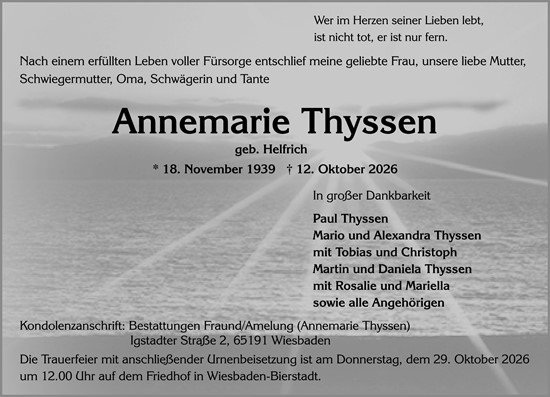 Traueranzeige von Annemarie Thyssen von Wiesbadener Kurier