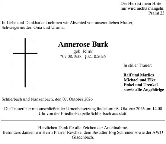 Traueranzeige von Annerose Burk von Hinterländer Anzeiger
