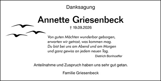 Traueranzeige von Annette Griesenbeck von Darmstädter Echo