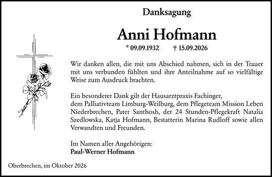 Traueranzeige von Anni Hofmann von Camberger Anzeiger