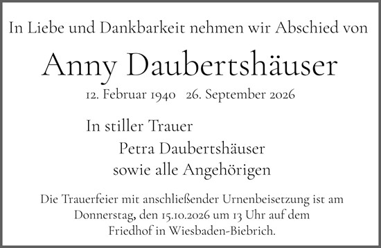 Traueranzeige von Anny Daubertshäuser von Wiesbadener Kurier