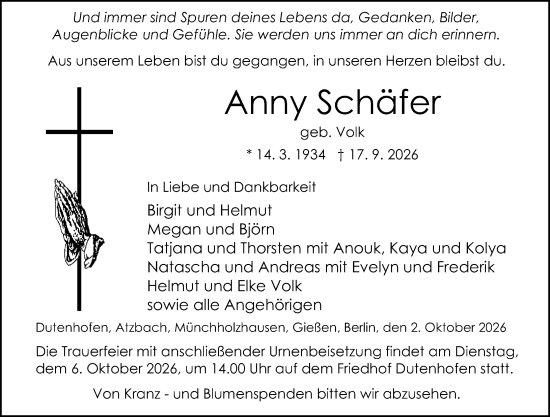 Traueranzeige von Anny Schäfer von Wetzlarer Neue Zeitung