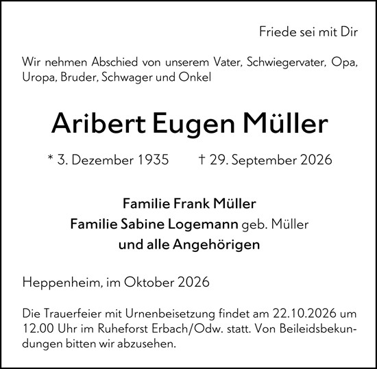Traueranzeige von Aribert Eugen Müller von Starkenburger Echo