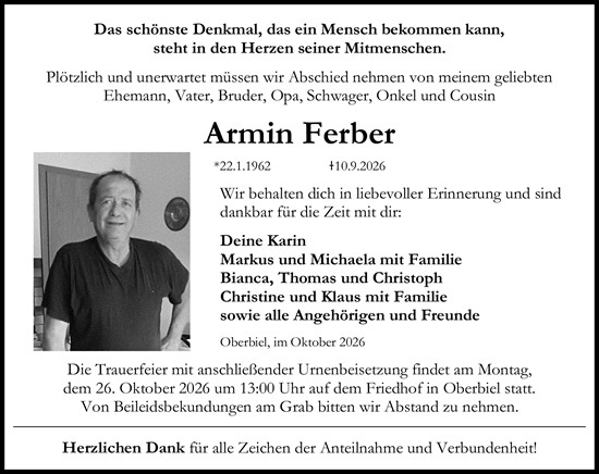 Traueranzeige von Armin Ferber von Wetzlarer Neue Zeitung