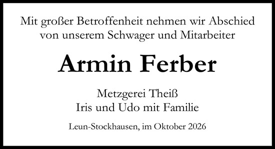 Traueranzeige von Armin Ferber von Wetzlarer Neue Zeitung