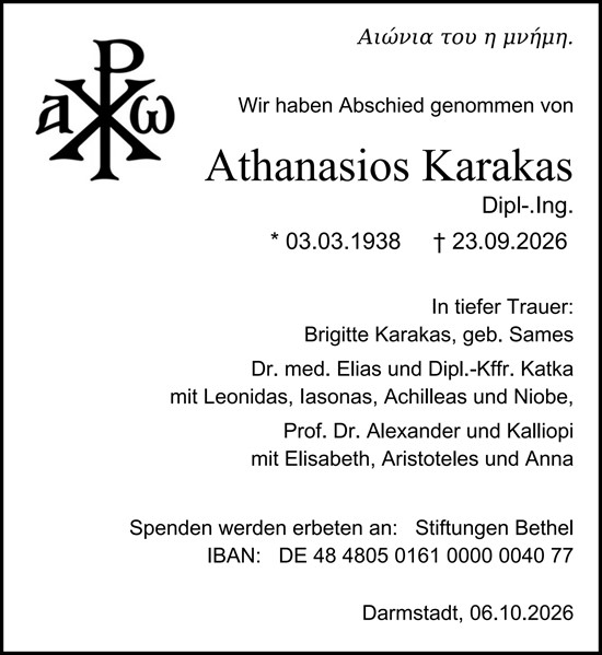 Traueranzeige von Athanasios Karakas von Darmstädter Echo