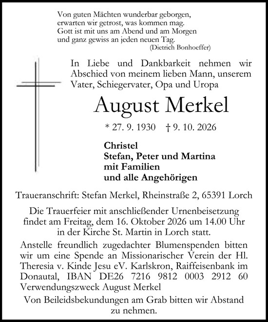Traueranzeige von August Merkel von Wiesbadener Kurier
