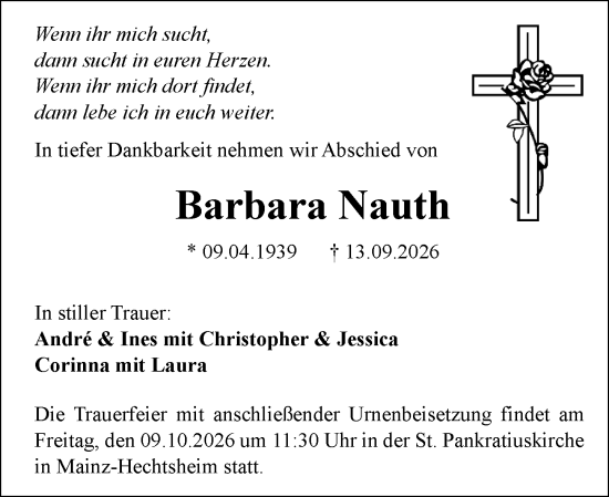 Traueranzeige von Barbara Nauth von Allgemeine Zeitung Mainz
