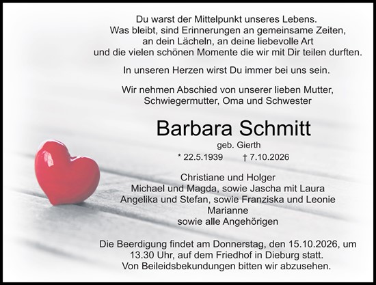 Traueranzeige von Barbara Schmitt von Dieburger Anzeiger/Groß-Zimmerner Lokal-Anzeiger