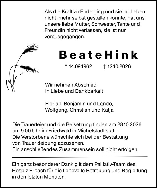 Traueranzeige von Beate Hink von Odenwälder Echo