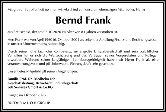 Traueranzeige von Bernd Frank von Dill Block