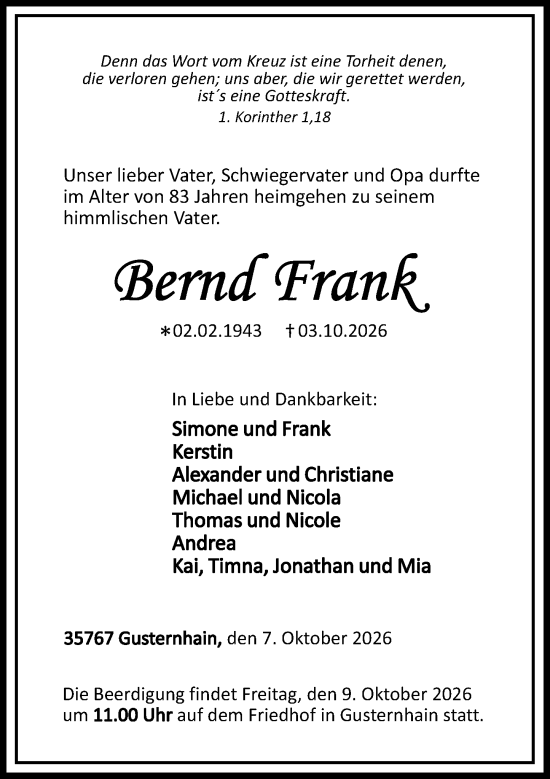 Traueranzeige von Bernd Frank von Dill Block