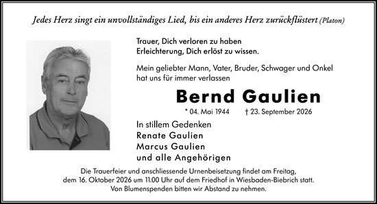 Traueranzeige von Bernd Gaulien von Wiesbadener Kurier