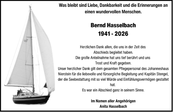 Traueranzeige von Bernd Hasselbach von Allgemeine Zeitung Mainz