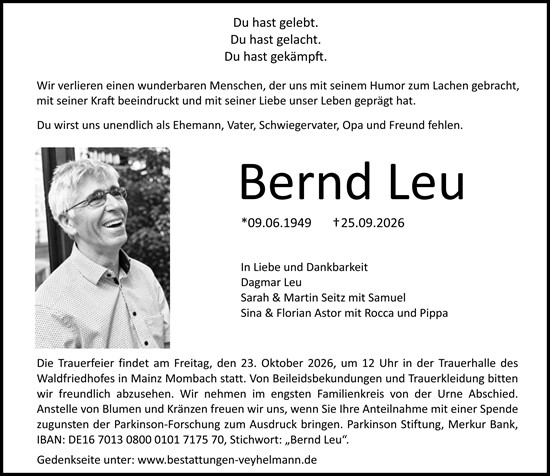 Traueranzeige von Bernd Leu von Allgemeine Zeitung Mainz
