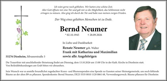 Traueranzeige von Bernd Neumer von Allgemeine Zeitung Mainz