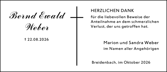 Traueranzeige von Bernd Ewald Weber von Hinterländer Anzeiger