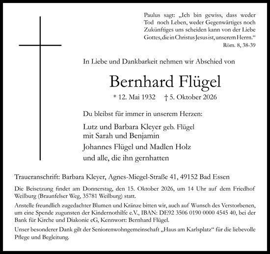 Traueranzeige von Bernhard Flügel von Weilburger Tageblatt