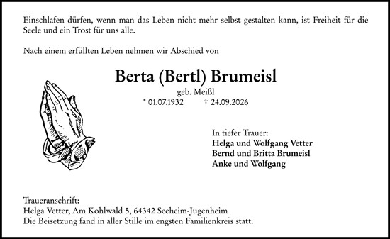 Traueranzeige von Berta Brumeisl von Darmstädter Echo