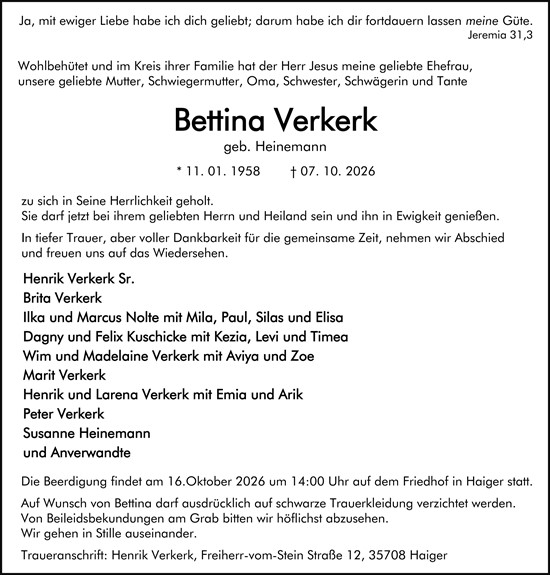 Traueranzeige von Bettina Verkerk von Dill Block