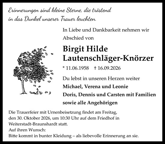 Traueranzeige von Birgit Hilde Lautenschliger-Knorzer von Darmstädter Echo