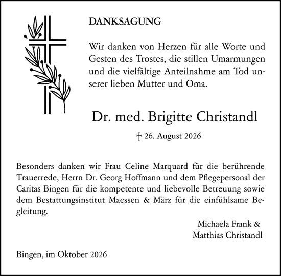 Traueranzeige von Brigitte Christandl von Allgemeine Zeitung Rheinhessen-Nahe