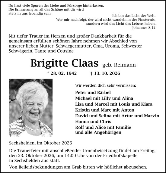 Traueranzeige von Brigitte Claas von Dill Block