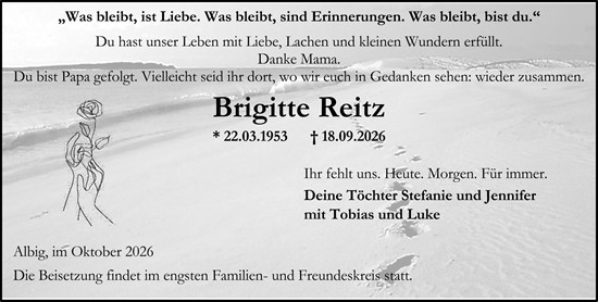 Traueranzeige von Brigitte Reitz von Allgemeine Zeitung Alzey
