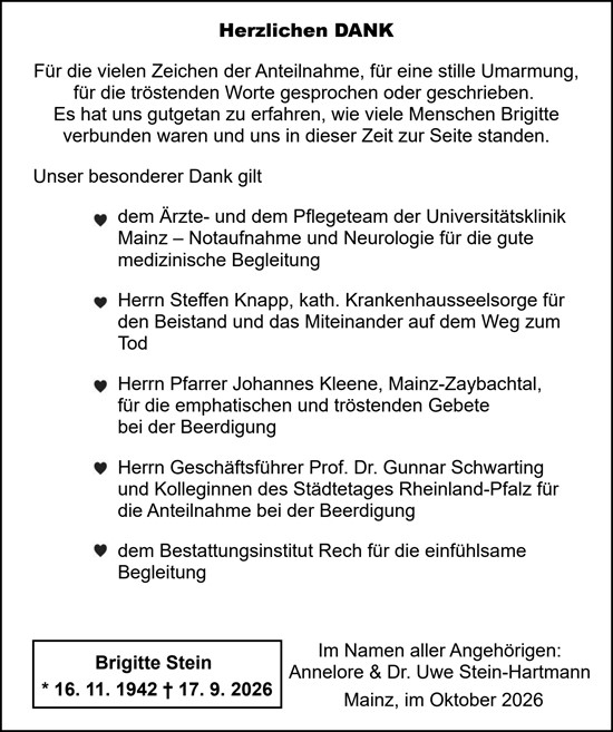 Traueranzeige von Brigitte Stein von Allgemeine Zeitung Mainz