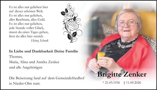Traueranzeige von Brigitte Zenker von Wiesbadener Kurier