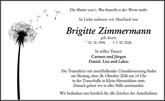 Traueranzeige von Brigitte Zimmermann von Wetzlarer Neue Zeitung