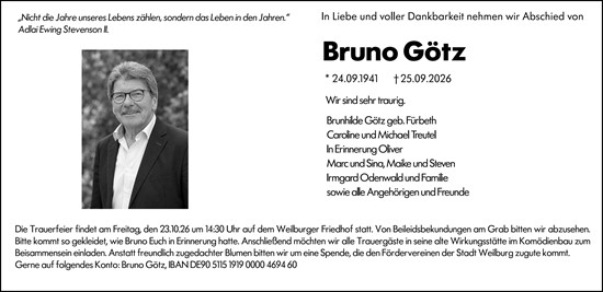 Traueranzeige von Bruno Götz von Weilburger Tageblatt