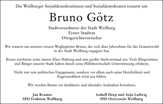 Traueranzeige von Bruno Götz von Weilburger Tageblatt