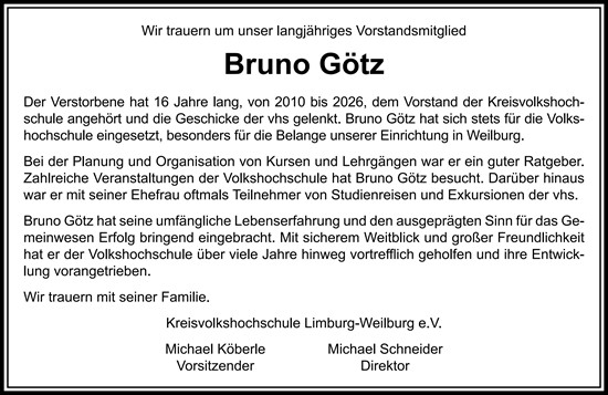 Traueranzeige von Bruno Götz von Weilburger Tageblatt