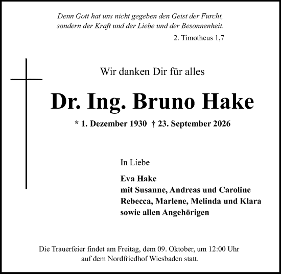 Traueranzeige von Bruno Hake von Wiesbadener Kurier