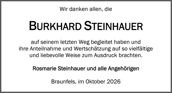 Traueranzeige von Burkhard Steinhauer von Weilburger Tageblatt