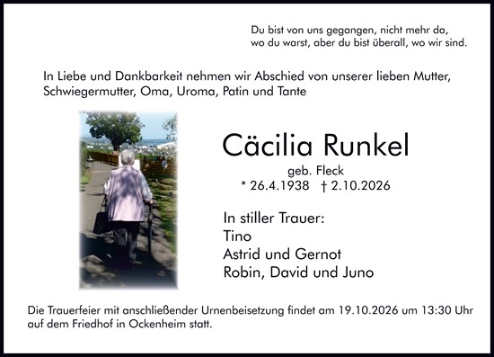 Traueranzeige von Cäcilia Runkel von Binger-/Ingelheimer Wochenblatt
