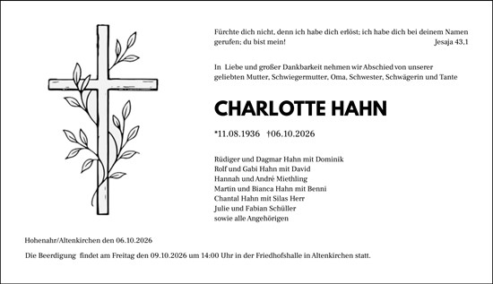 Traueranzeige von Charlotte Hahn von Wetzlarer Neue Zeitung