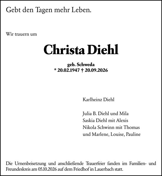 Traueranzeige von Christa Diehl von Odenwälder Echo