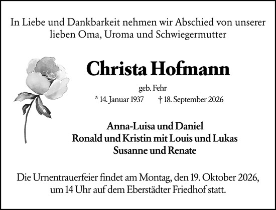 Traueranzeige von Christa Hofmann von Darmstädter Echo