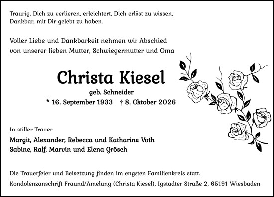 Traueranzeige von Christa Kiesel von Wiesbadener Kurier