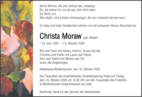 Traueranzeige von Christa Moraw von Wetzlarer Neue Zeitung