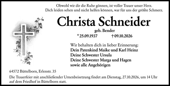 Traueranzeige von Christa Schneider von Groß-Gerauer Echo