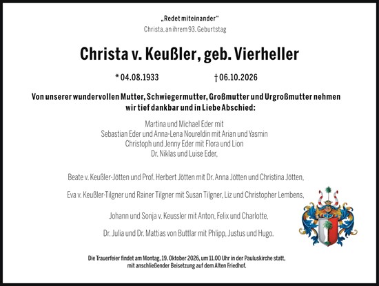 Traueranzeige von Christa v. Keußler von Darmstädter Echo