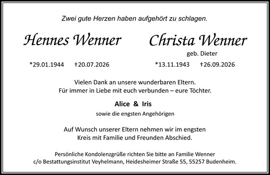 Traueranzeige von Christa Wenner von Allgemeine Zeitung Mainz