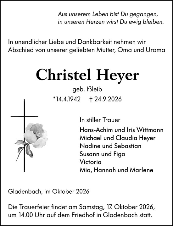 Traueranzeige von Christel Heyer von Hinterländer Anzeiger